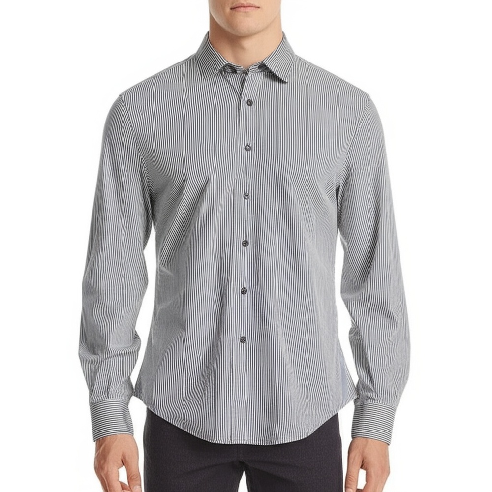 APT. 9 Men's White Black Pinstripe Long Sleeve Slim Fit Button Up Shirt Size L